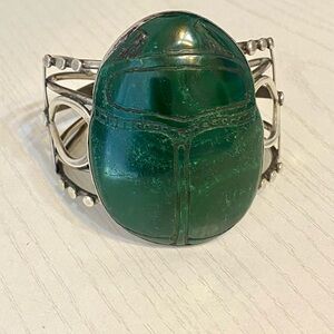 Vintage Sterling Silver Scarab Malachite Cuff Bracelet